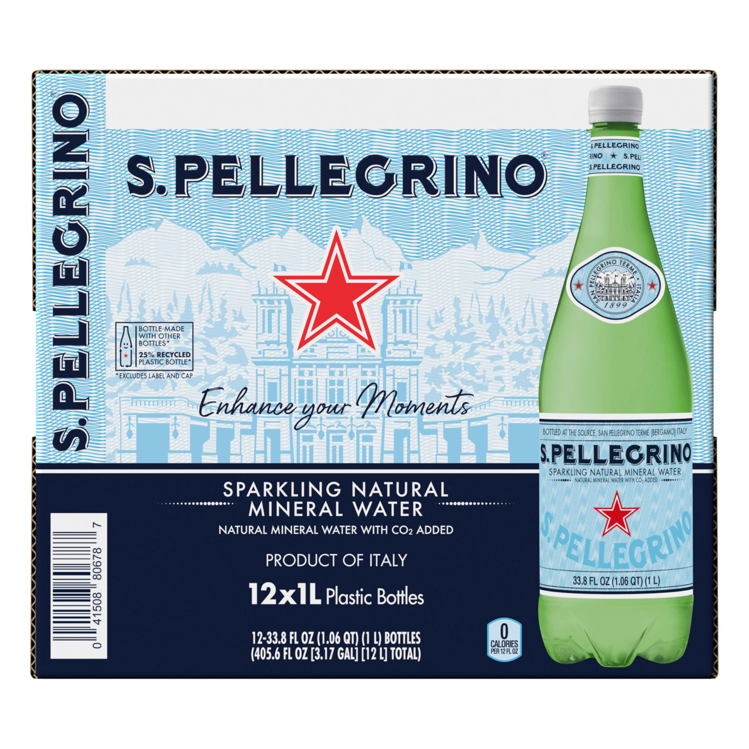 S.Pellegrino bottle close-up highlighting zero calories and pure mineral taste