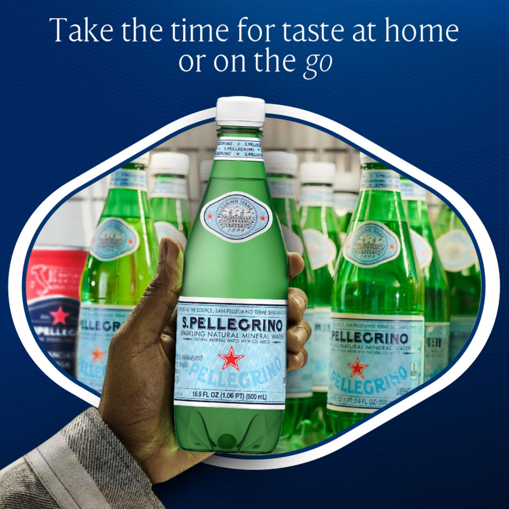 S.Pellegrino bottle in refrigerator, chilled and ready to sip.