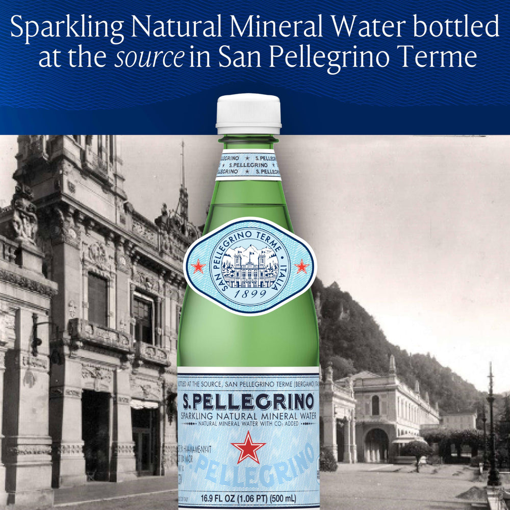S.Pellegrino bottle on table with food pairing idea