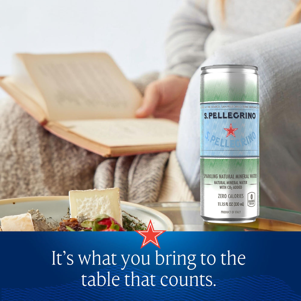 Bubbles close-up with S.Pellegrino branding on bottle label