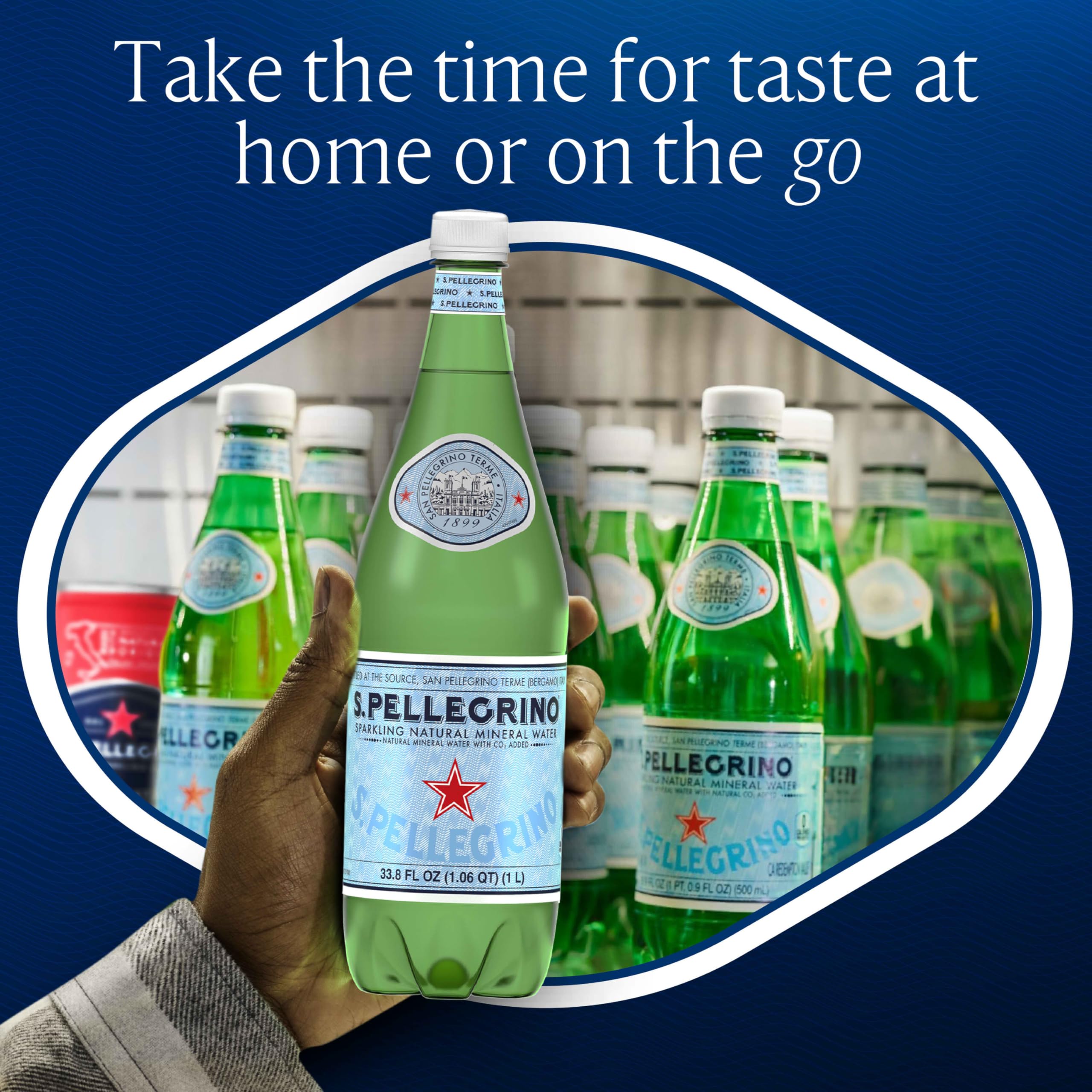 Close-up of S.Pellegrino label and bubbles highlighting crisp flavor