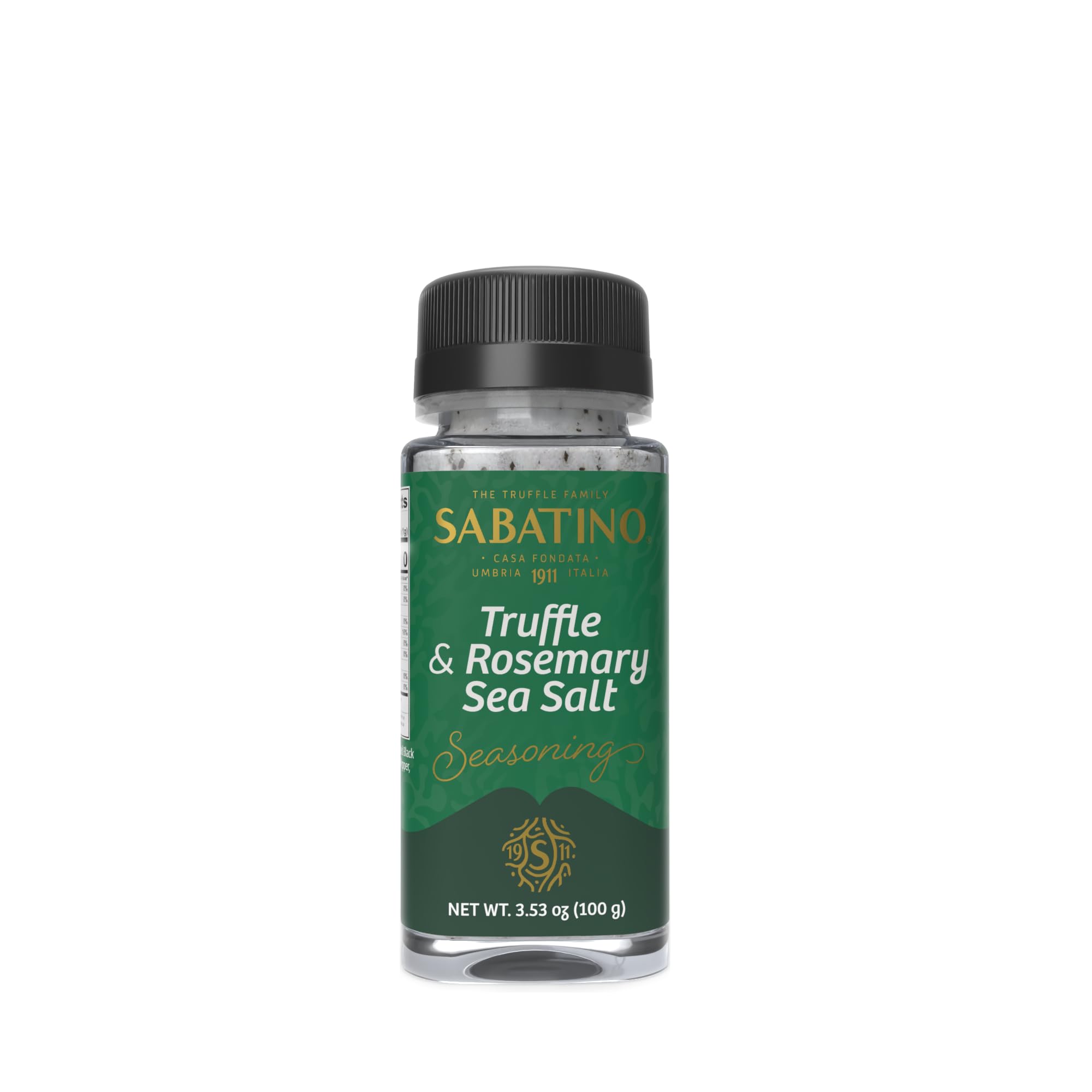 Sabatino Tartufi truffle rosemary sea salt bottle boosts flavor with gourmet aroma.