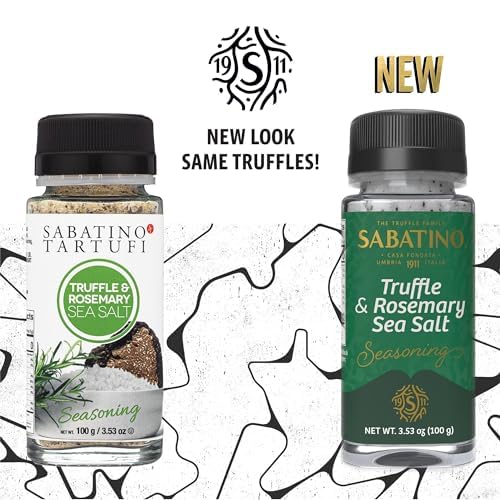 Sabatino Tartufi truffle salt closeup shows real truffle flecks for a premium finish.