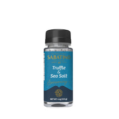 Sabatino Tartufi truffle salt shaker front view enhances meats and vegetables with earthy aroma.