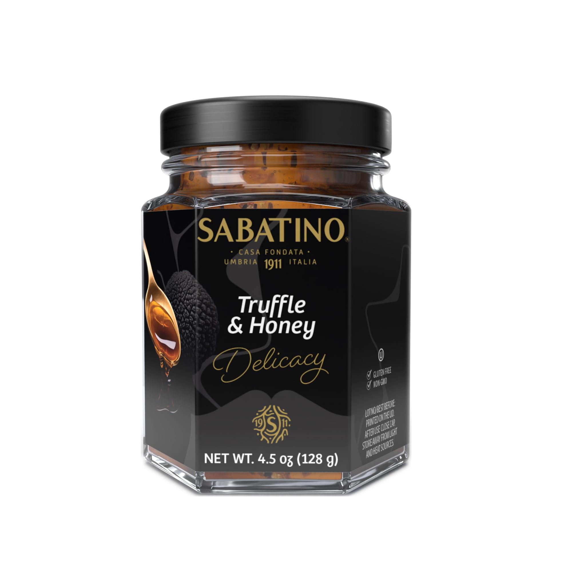 Sabatino Tartufi truffle-infused honey jar closeup for cheese pairing
