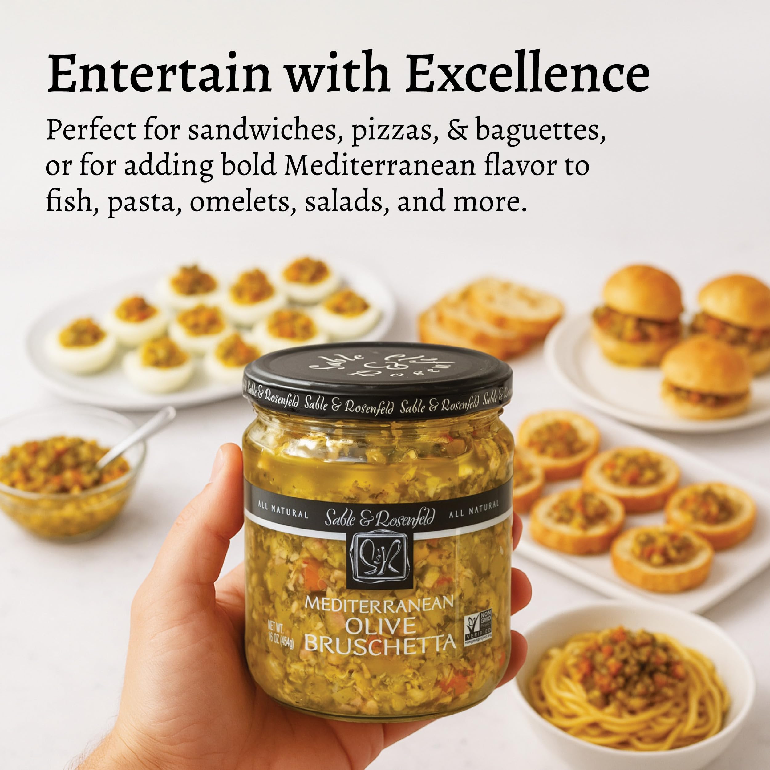 Sable & Rosenfeld bruschetta spread on cracker close-up with Mediterranean flavors.