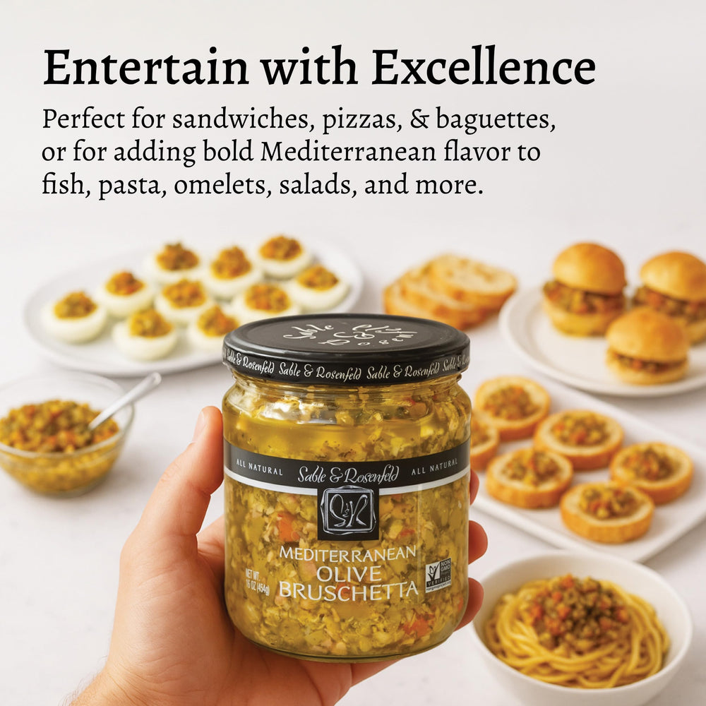 Sable & Rosenfeld bruschetta spread on cracker close-up with Mediterranean flavors.