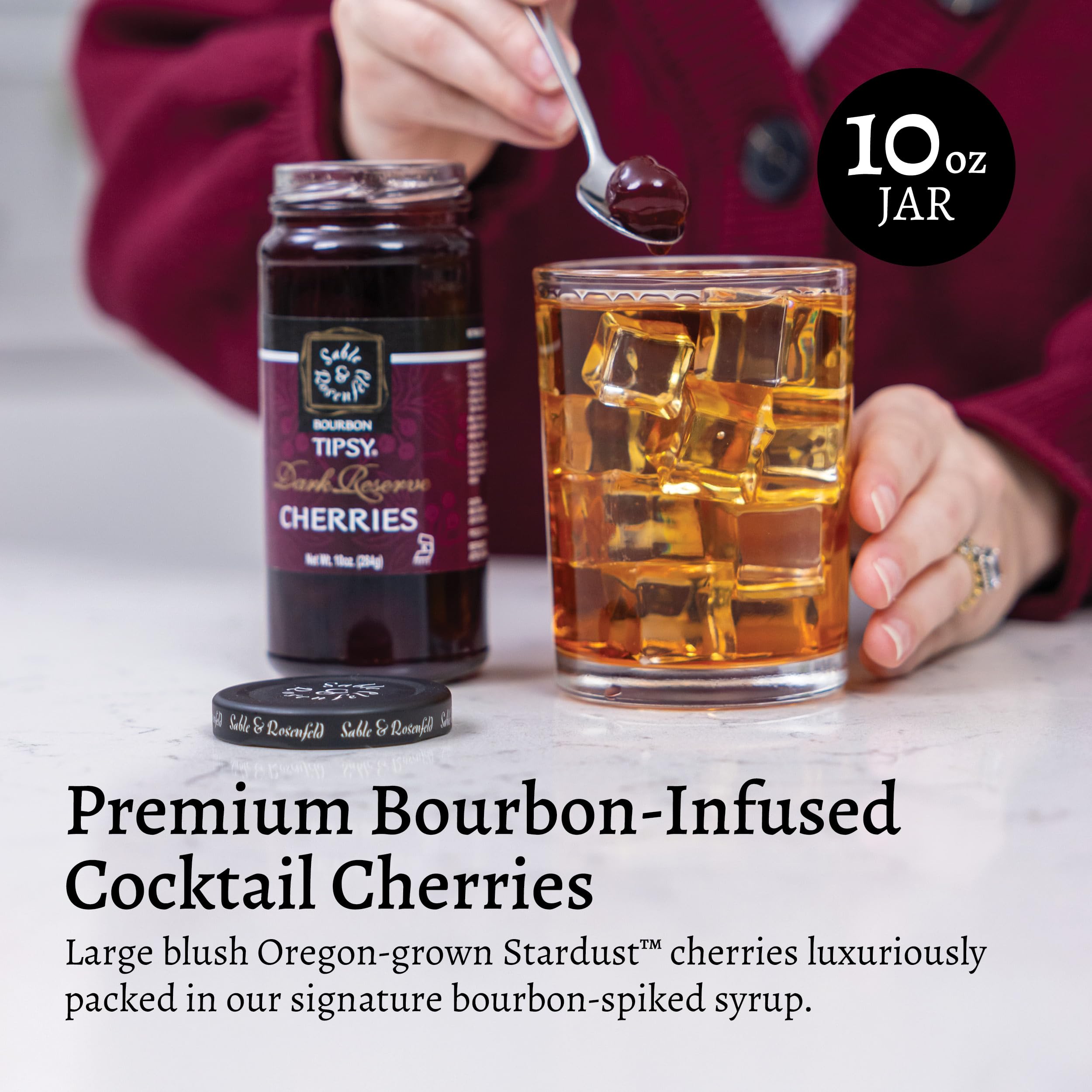Sable & Rosenfeld cherries in old fashioned glass – rich bourbon depth