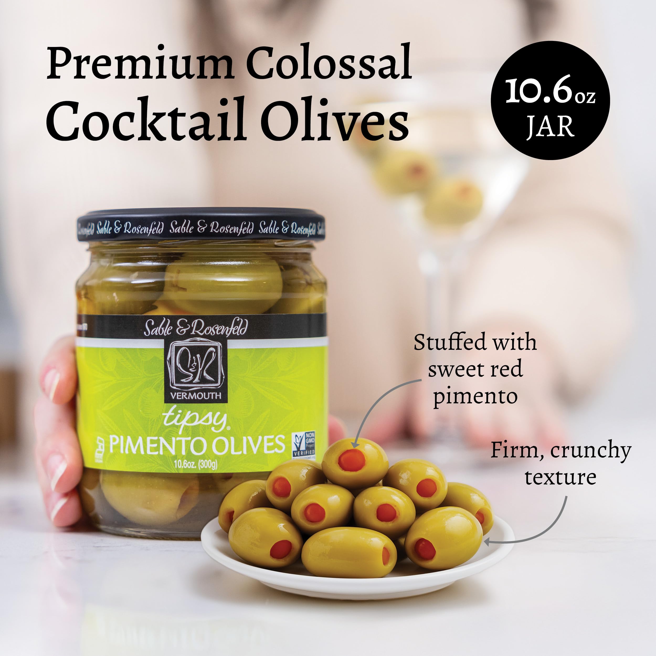 Sable & Rosenfeld pimento-stuffed olive jar with crisp texture for martinis