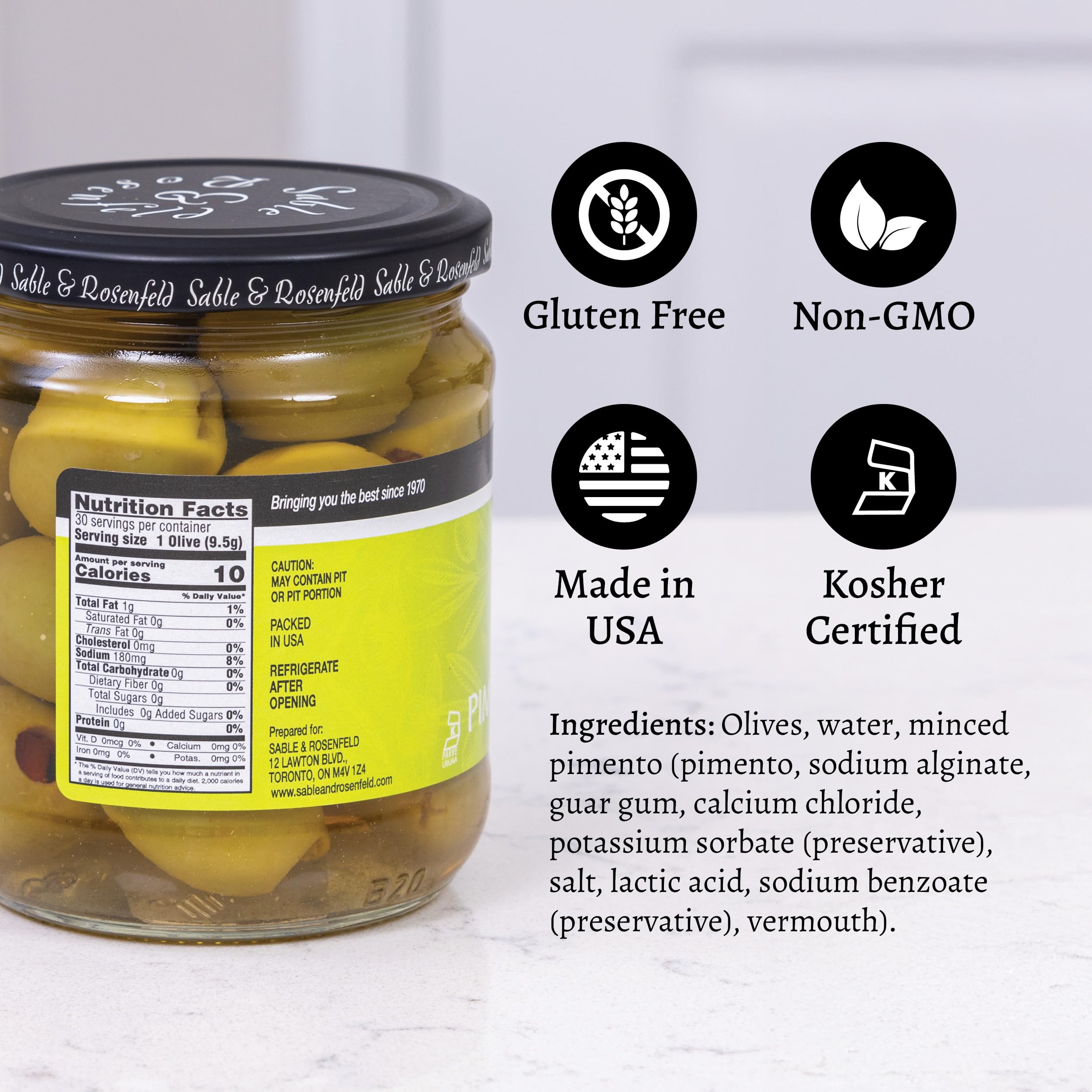 Sable & Rosenfeld Spanish colossal green olives ready to serve for gourmet martinis