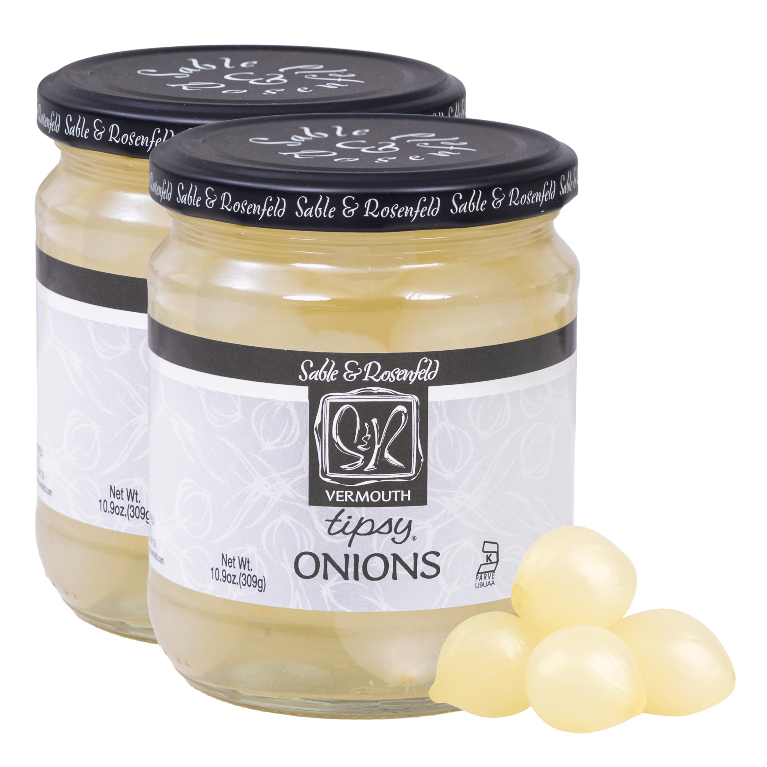 Sable & Rosenfeld Tipsy Onions jar full view for elegant cocktail garnish