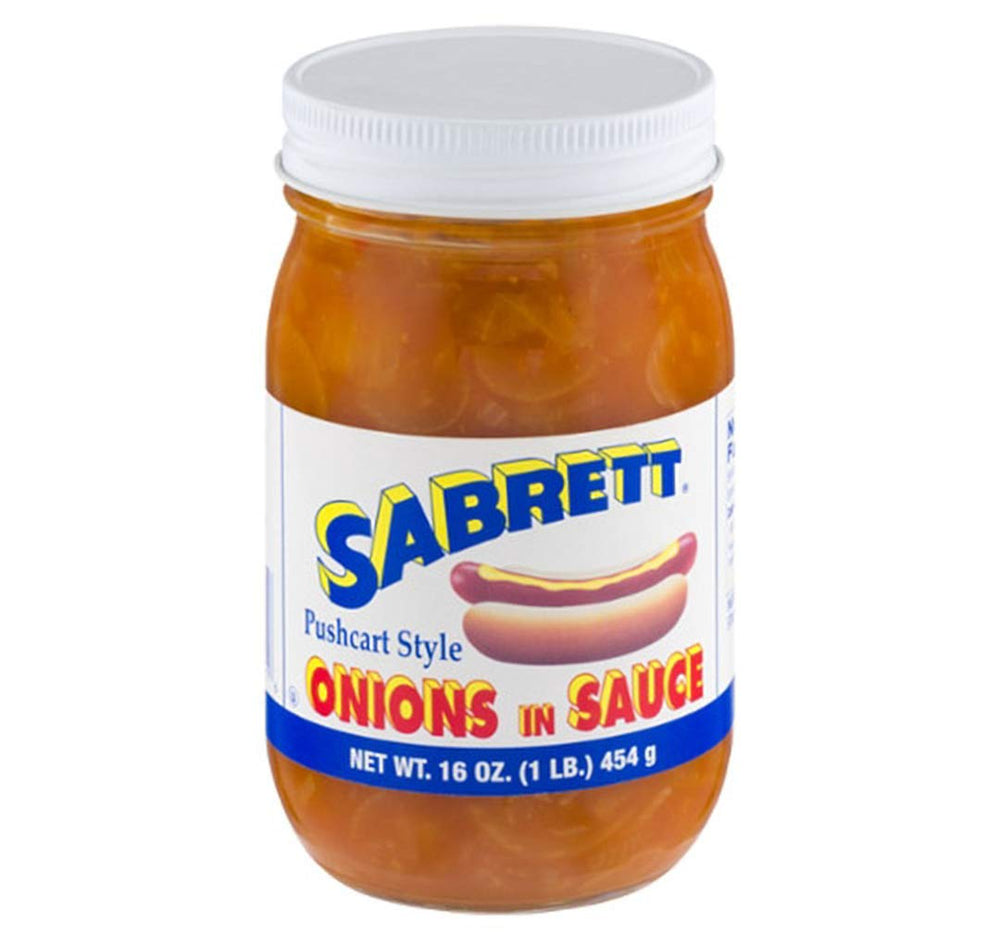 Sabrett onions in sauce 16oz front label, ideal for topping hot dogs