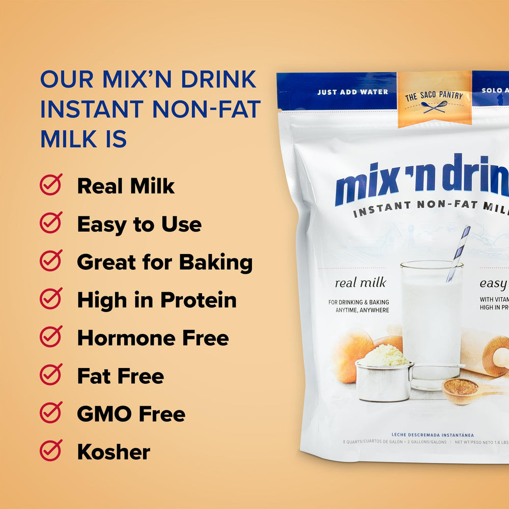 Glass of SACO Mix'n Drink showing a creamy, calcium-rich beverage.