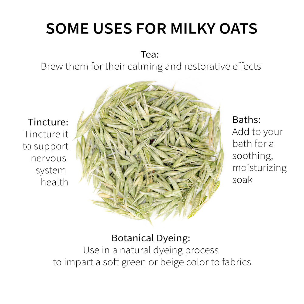 Sacred Blossom Farm Milky Oats loose leaf closeup preserves whole herbs, flavor.