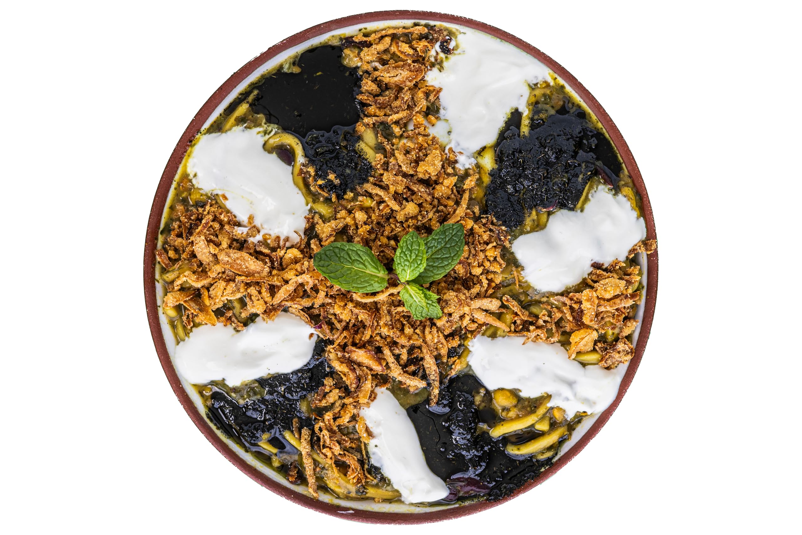 Sadaf Ash-e Reshteh Mix served with yogurt and fried onions for traditional flavor.