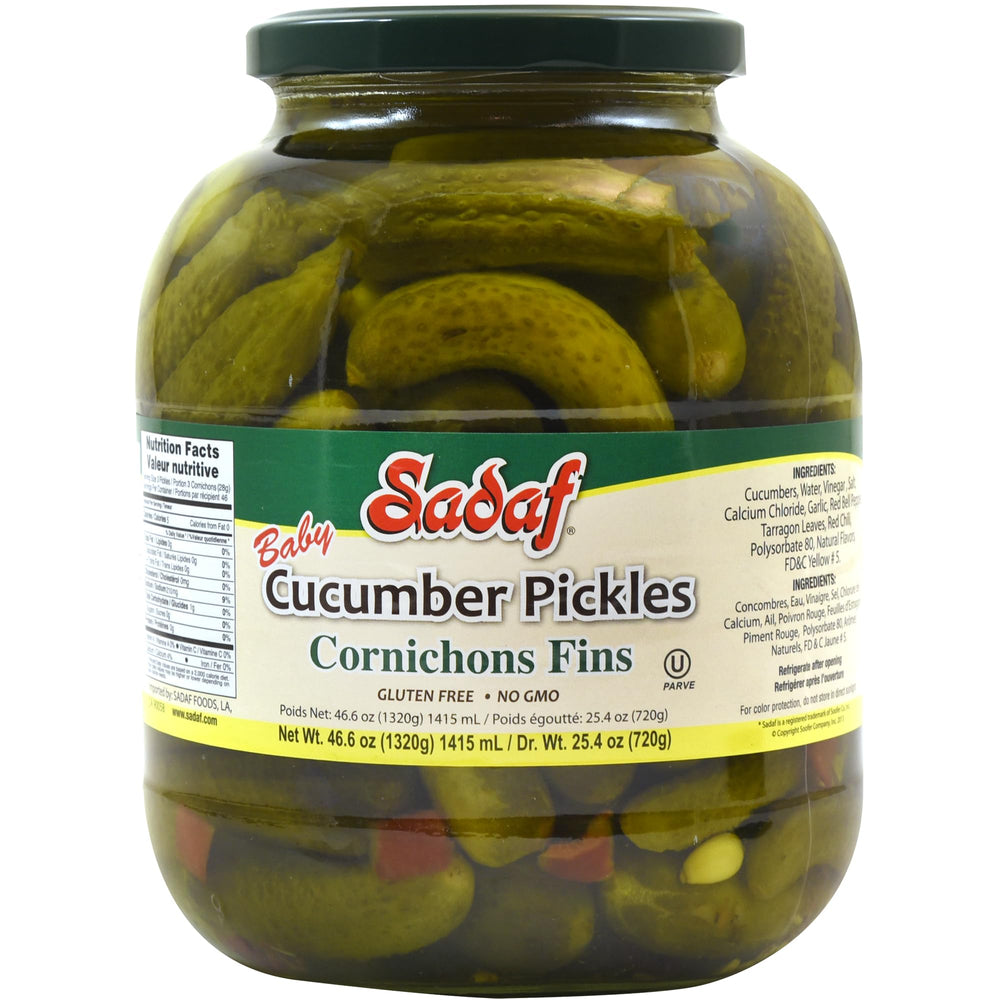 Sadaf baby cucumber pickles in a glass jar for snacks and cheese boards.