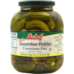 Sadaf baby cucumber pickles in a glass jar for snacks and cheese boards.
