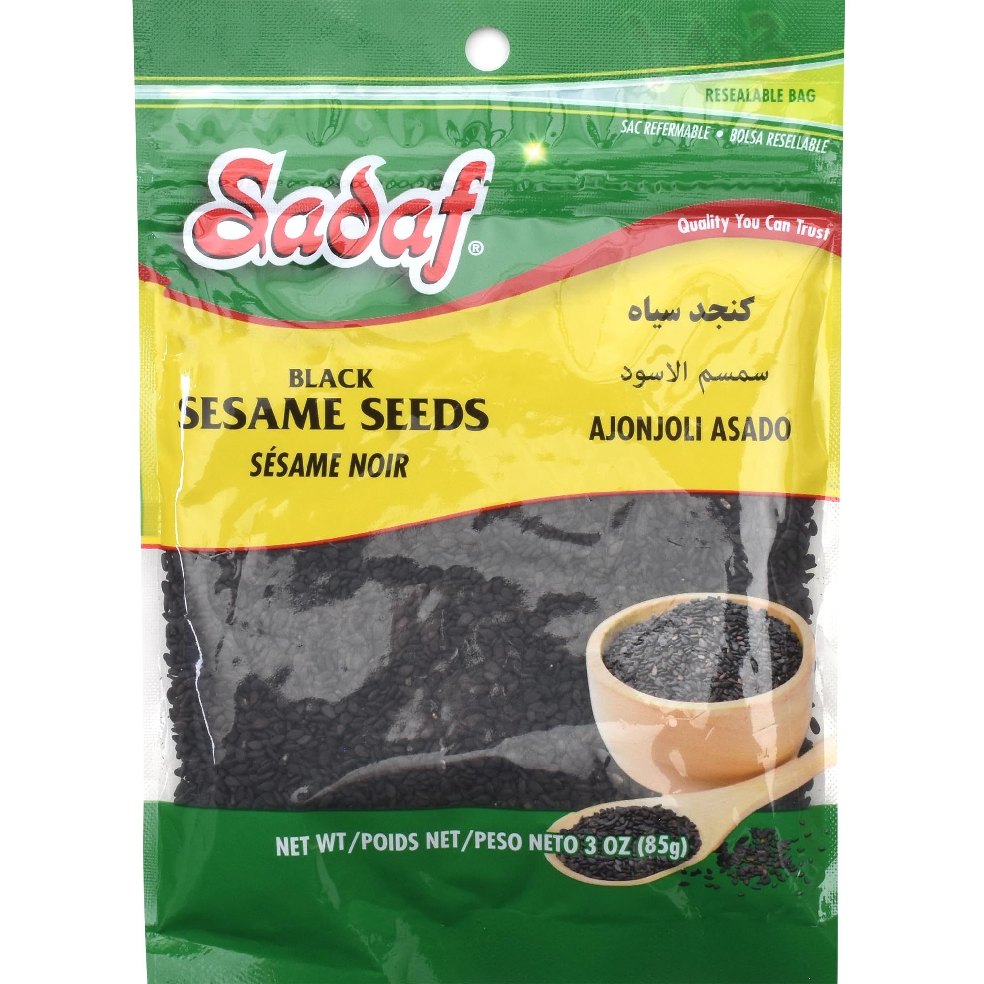 Sadaf black sesame seeds in resealable bag for pantry storage.