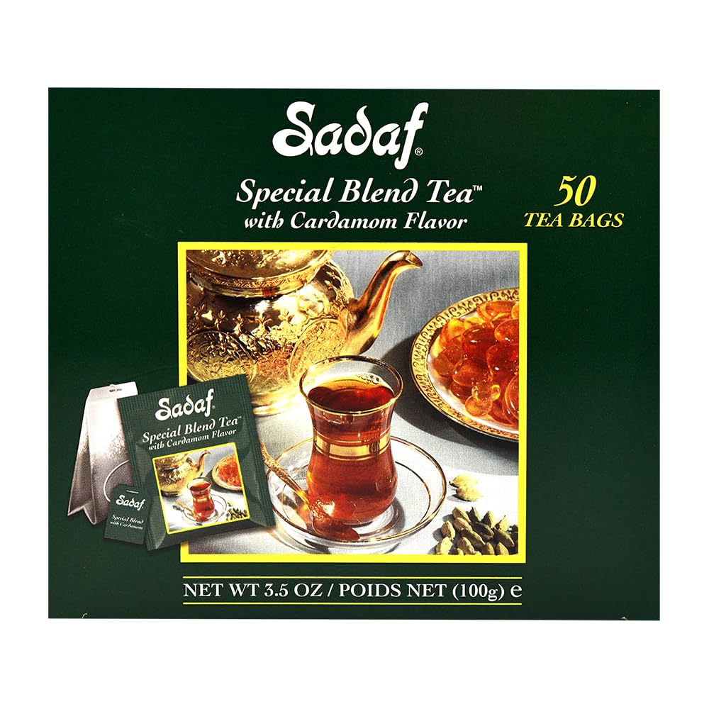 Sadaf Cardamom Tea Bags in foil-wrap pack preserve freshness for anytime tea.