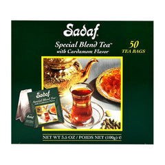 Sadaf Cardamom Tea Bags in foil-wrap pack preserve freshness for anytime tea.
