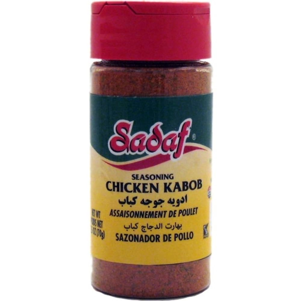 Sadaf Chicken Kabob Seasoning bottle front label for rich grilling flavor.