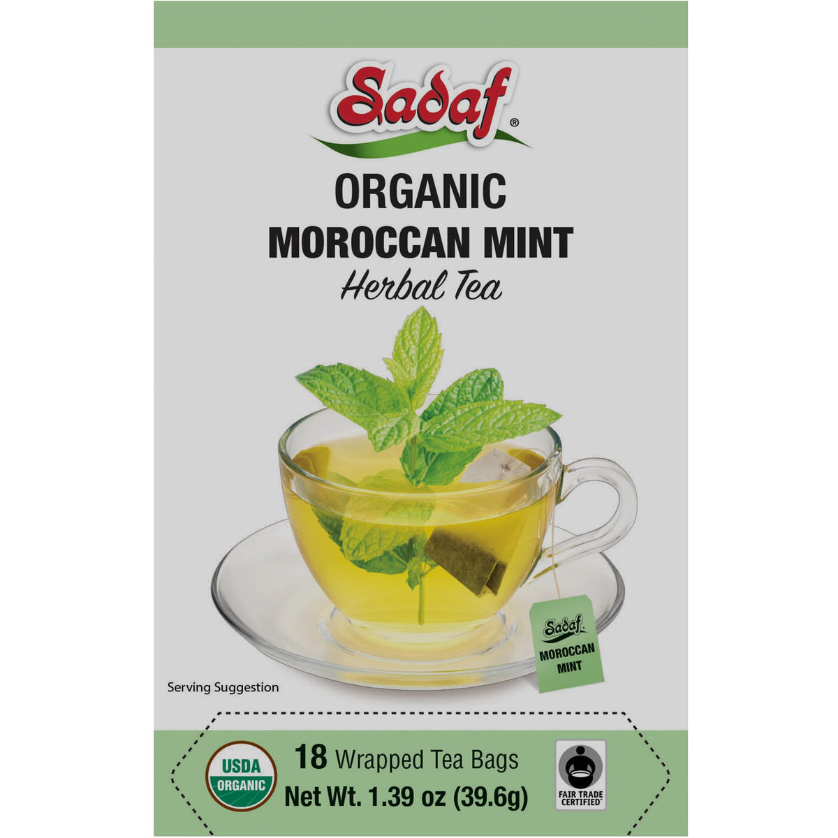 Sadaf Organic Moroccan Mint Tea box highlighting organic freshness for hot or iced tea.
