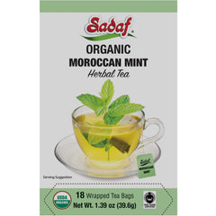 Sadaf Organic Moroccan Mint Tea box highlighting organic freshness for hot or iced tea.