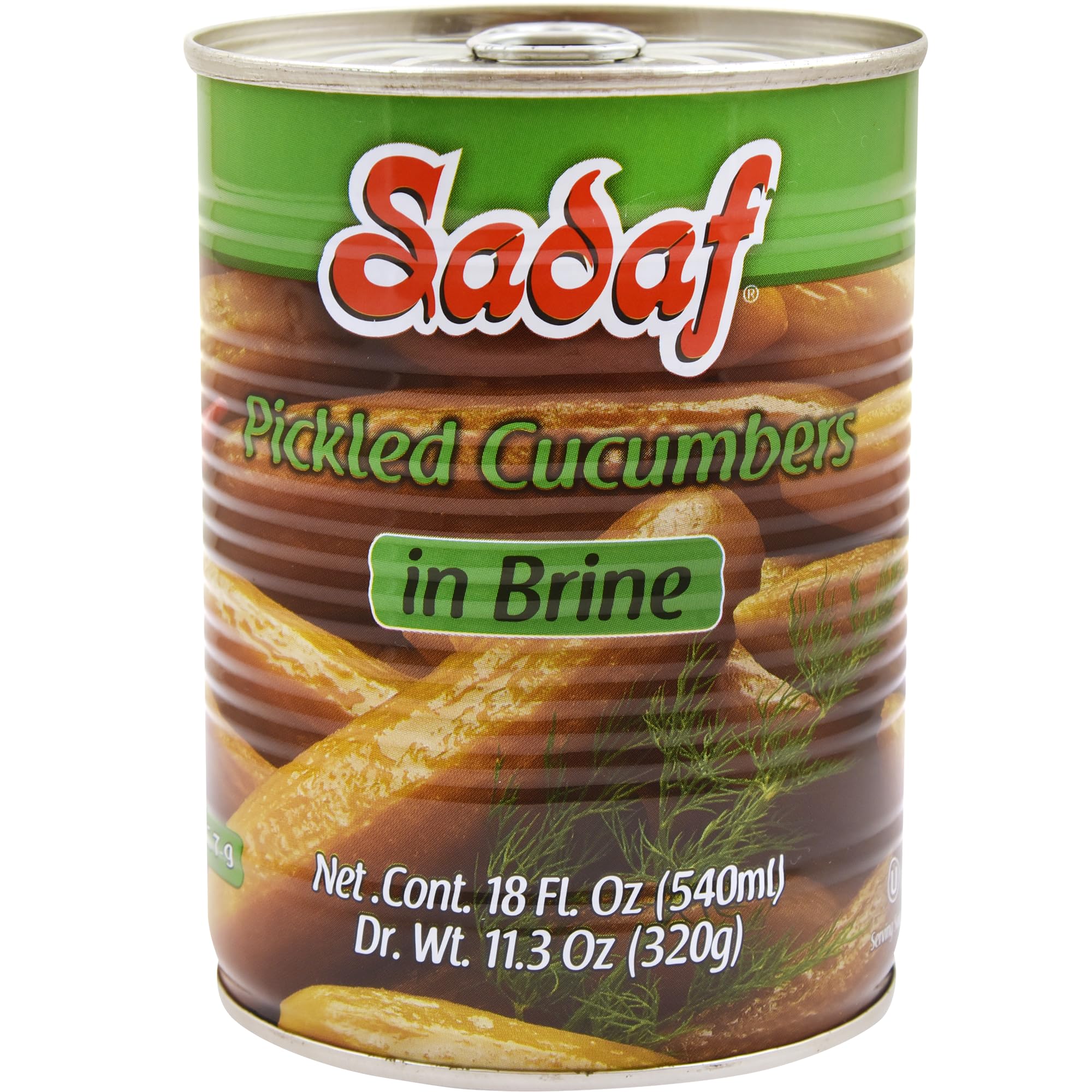 Sadaf pickled cucumbers in brine in a jar, crisp texture ideal for salads.