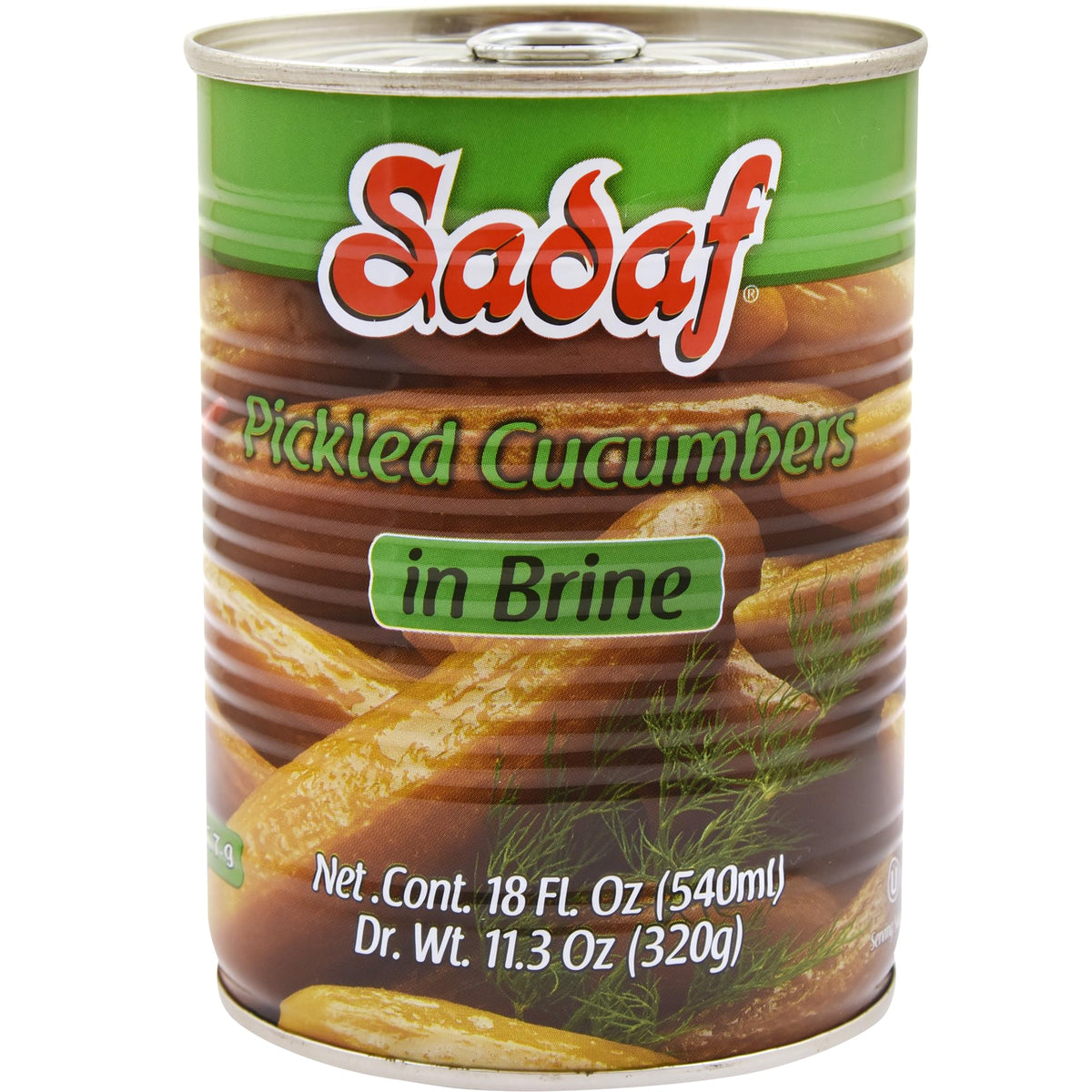 Sadaf pickled cucumbers in brine in a jar, crisp texture ideal for salads.