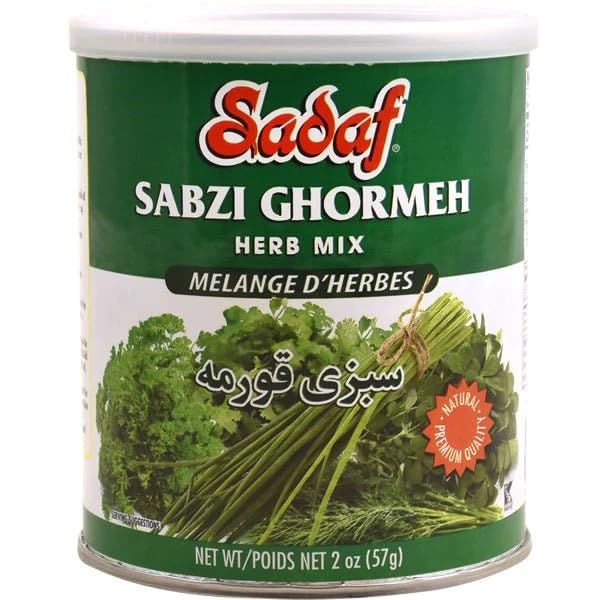 Sadaf Sabzi Ghormeh blend bottle close-up for authentic Persian stews.