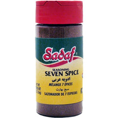 Sadaf Seven Spice bottle close-up for authentic Lebanese flavor.