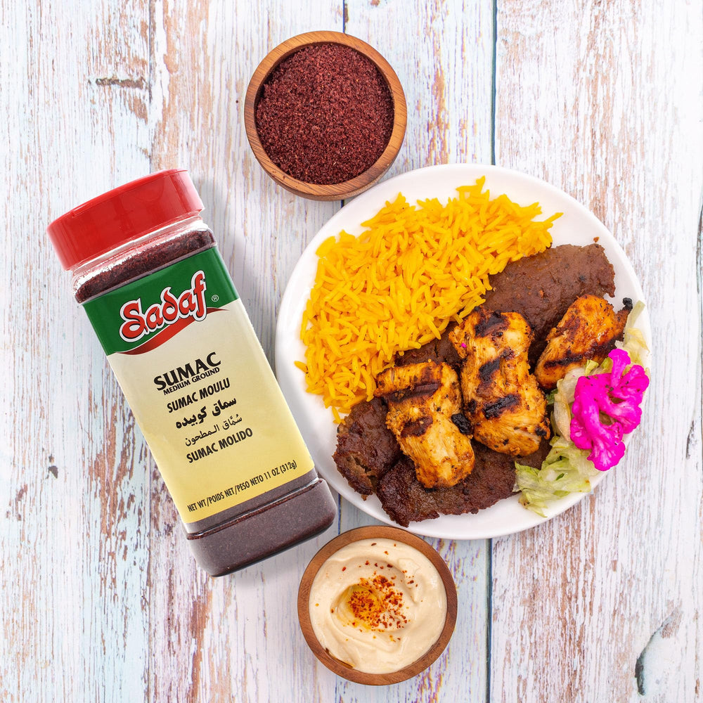 Sadaf Sumac ground powder bottle ready for seasoning rice and meats.