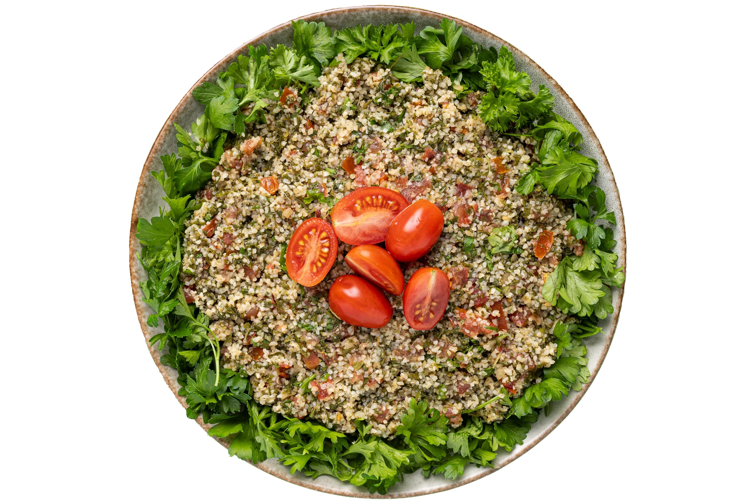 Family-style dinner setup with fresh veggies and Tabouli mix invites sharing