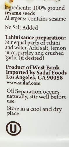 Sadaf tahini paste bottle on counter shows 17.6 oz size.