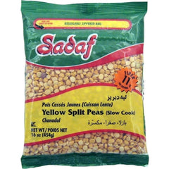 Sadaf Yellow Split Peas bag close-up showing freshness for versatile soups and curries.