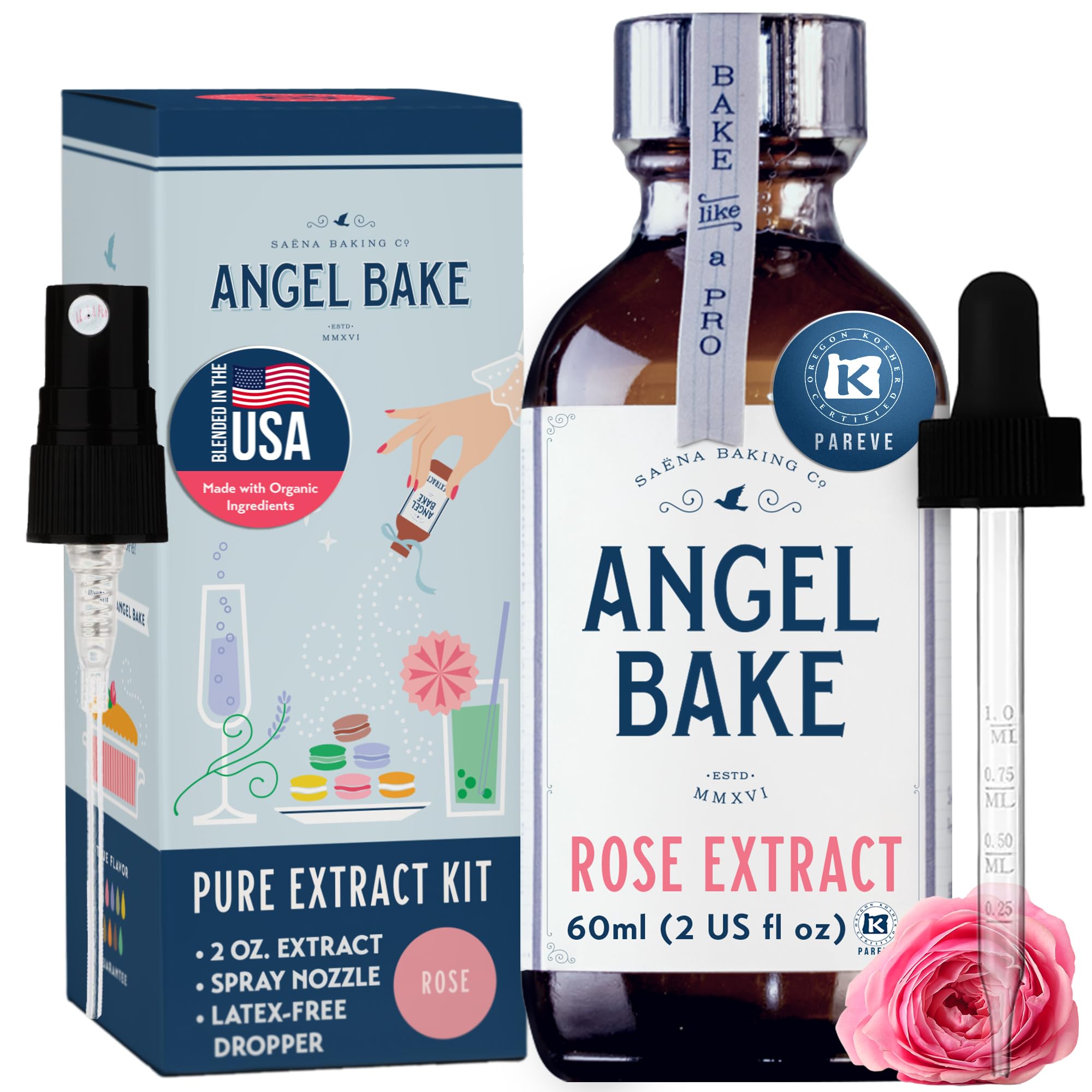 SAENA BAKING CO rose extract bottle close-up for baking and beverages