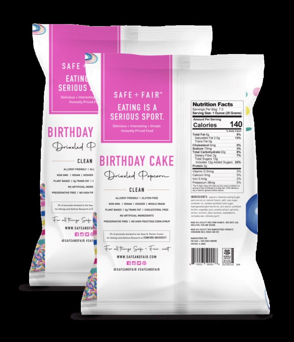 Close-up of Safe + Fair Birthday Cake Drizzled Popcorn being poured for a creamy drizzle