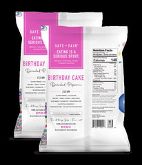 Close-up of Safe + Fair Birthday Cake Drizzled Popcorn being poured for a creamy drizzle