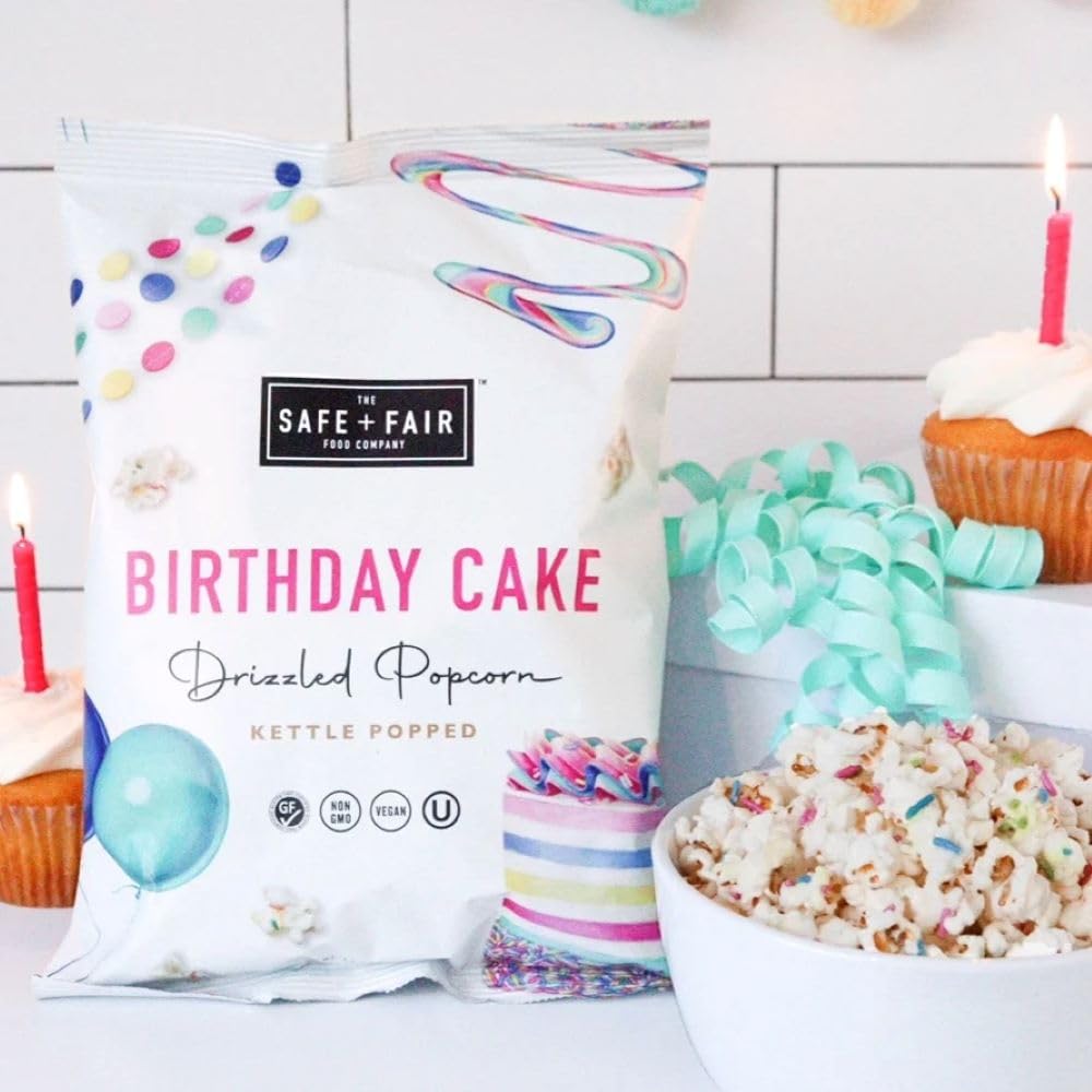 Ingredient icons and allergen-free labels on Safe + Fair Birthday Cake Drizzled Popcorn