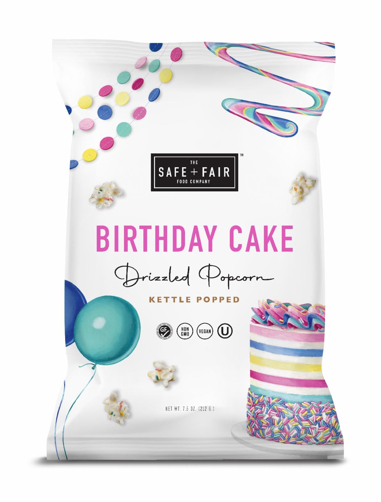 The Safe + Fair Birthday Cake Drizzled Popcorn packaging showing gluten-free and vegan labels