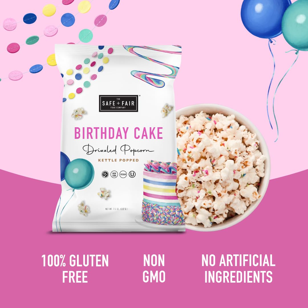 Serving bowl of Safe + Fair Birthday Cake Drizzled Popcorn with colorful sprinkles