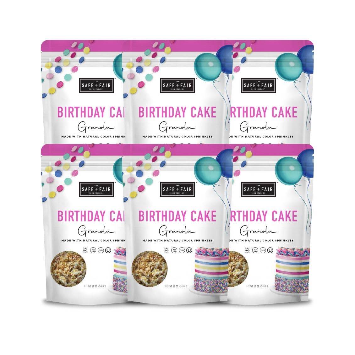 The Safe + Fair Birthday Cake Granola front packaging highlights gluten-free, vegan snacking