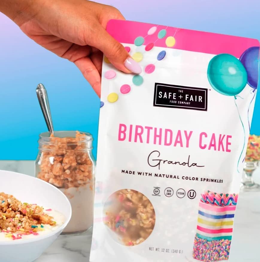 The Safe + Fair Birthday Cake Granola nut-free ingredients badge signals safe indulgence