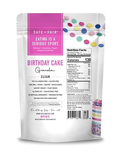 The Safe + Fair Birthday Cake Granola sprinkles closeup shows natural color and festive crunch