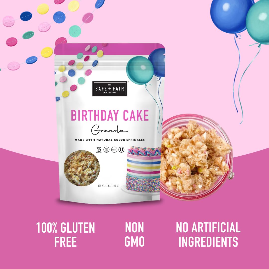The Safe + Fair Birthday Cake Granola vanilla crunch paired with yogurt bowl for a versatile breakfast