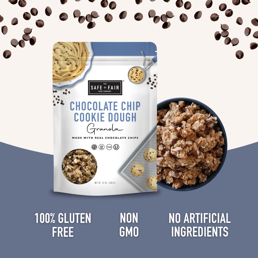 Close-up of Safe + Fair granola with chocolate chips.