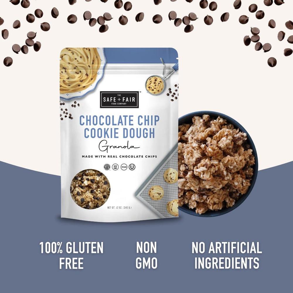 Close-up of Safe + Fair granola with chocolate chips.