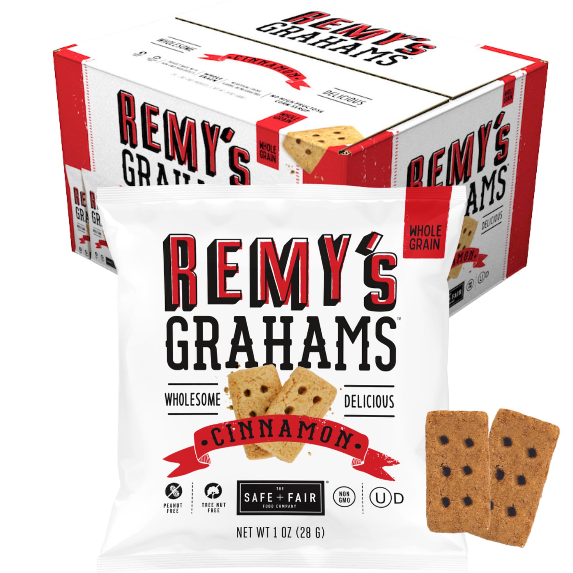 Safe and Fair Remy Cinnamon Grahams single-serve pouch for on-the-go snacking with wholesome grains.