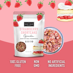 Safe + Fair Strawberry Shortcake Granola bowl serve for quick breakfast or snack.