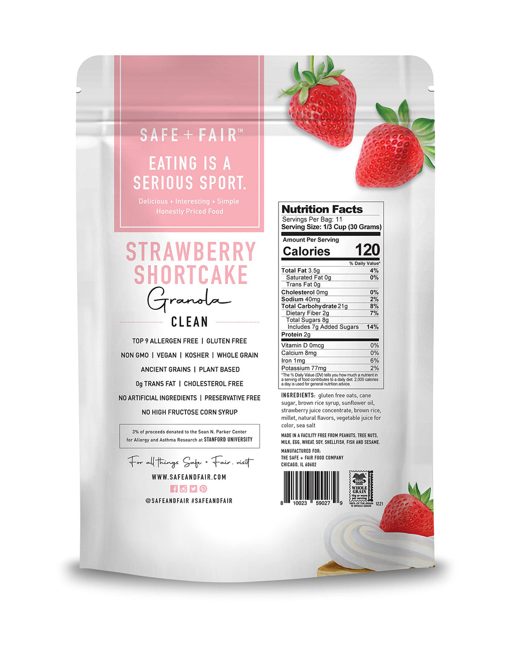 Safe + Fair packaging back highlights allergen safety and simple ingredient list.